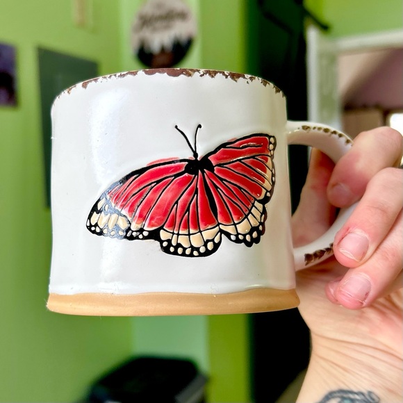 Red Butterfly Cottagecore Kitchen Ceramic Farmhouse Dining Mug Decor - Picture 3 of 4